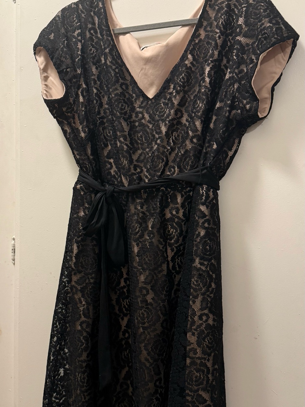 Love Squared Black Lace Midi Dress with Nude Lining